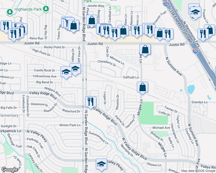 map of restaurants, bars, coffee shops, grocery stores, and more near 1265 Logan Dr in Lewisville