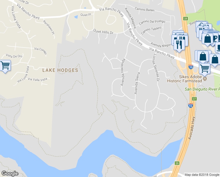 map of restaurants, bars, coffee shops, grocery stores, and more near 3329 Vista Rocosa in Escondido