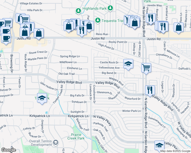 map of restaurants, bars, coffee shops, grocery stores, and more near 1693 Niagara Boulevard in Lewisville