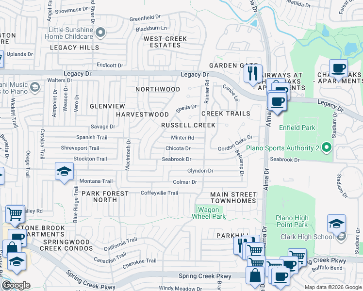 map of restaurants, bars, coffee shops, grocery stores, and more near 1329 Chicota Drive in Plano