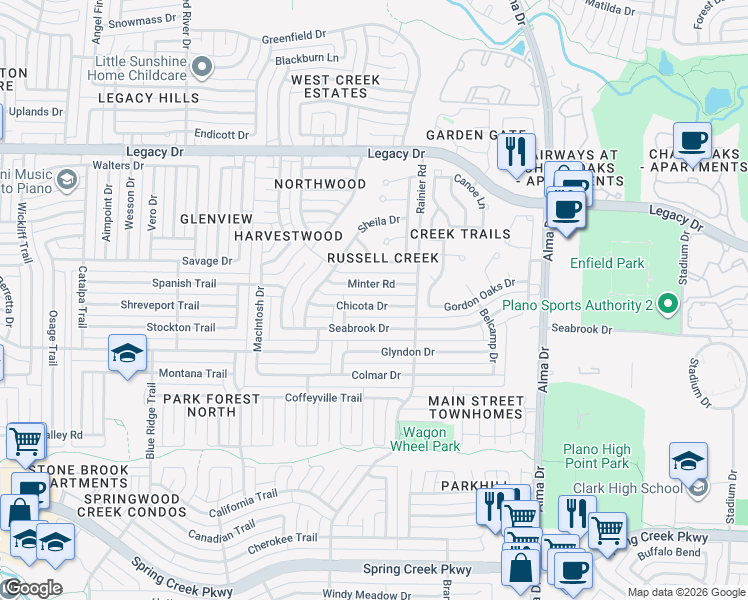 map of restaurants, bars, coffee shops, grocery stores, and more near 1329 Chicota Drive in Plano