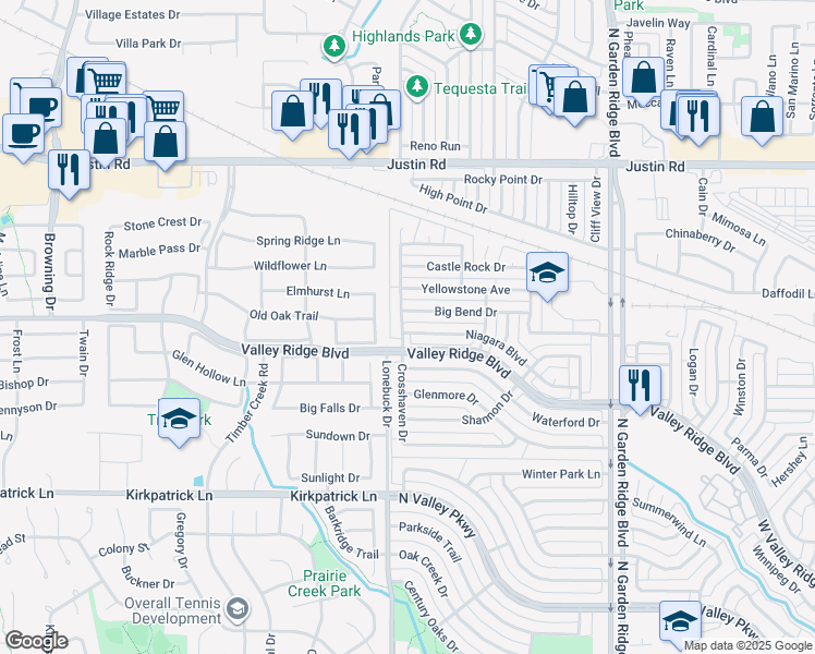 map of restaurants, bars, coffee shops, grocery stores, and more near 1693 Niagara Boulevard in Lewisville
