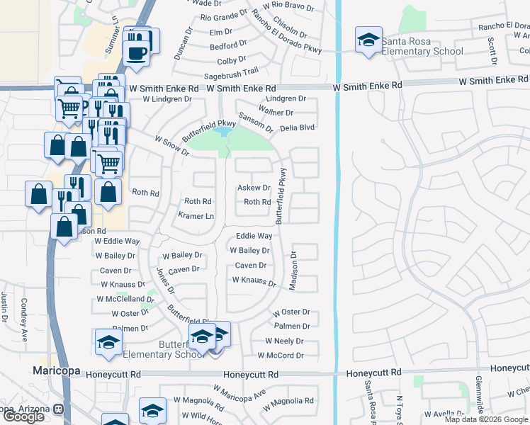 map of restaurants, bars, coffee shops, grocery stores, and more near 43484 Kramer Lane in Maricopa