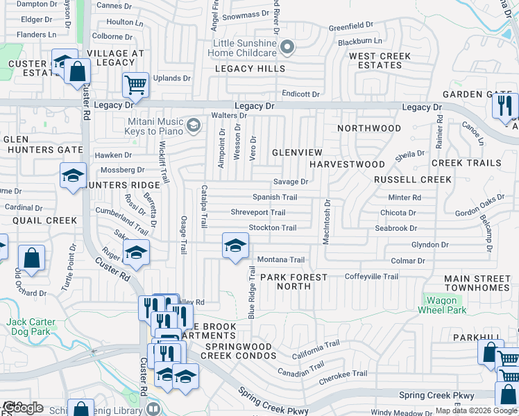 map of restaurants, bars, coffee shops, grocery stores, and more near 1709 Shreveport Trail in Plano