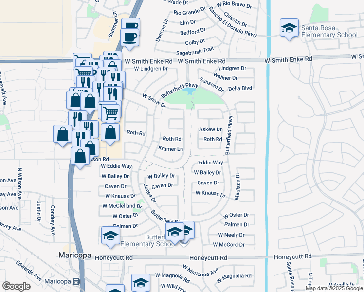 map of restaurants, bars, coffee shops, grocery stores, and more near 43782 Kramer Lane in Maricopa