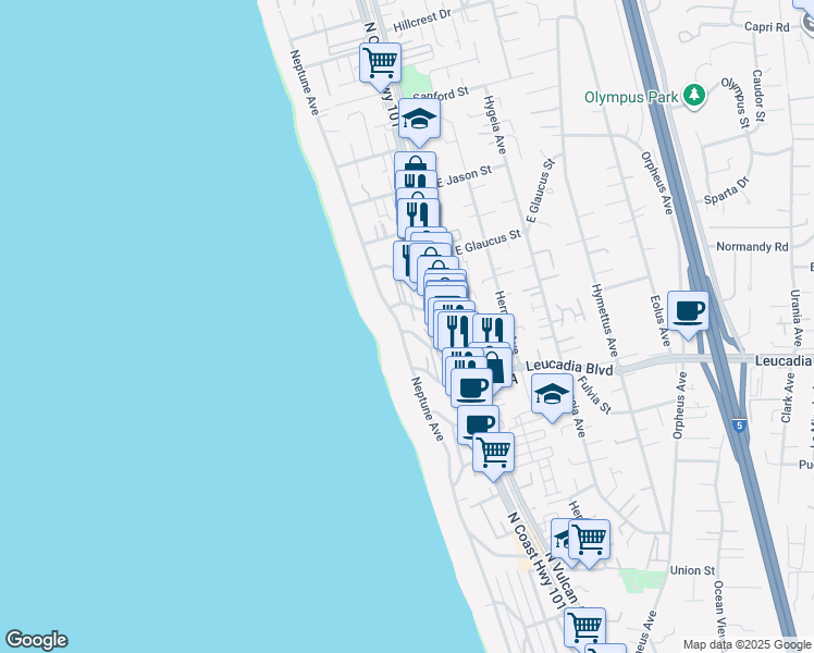 map of restaurants, bars, coffee shops, grocery stores, and more near 194 Jasper Street in Encinitas