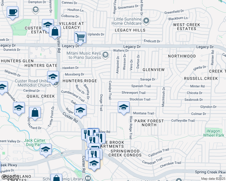 map of restaurants, bars, coffee shops, grocery stores, and more near 1841 Shreveport Trail in Plano