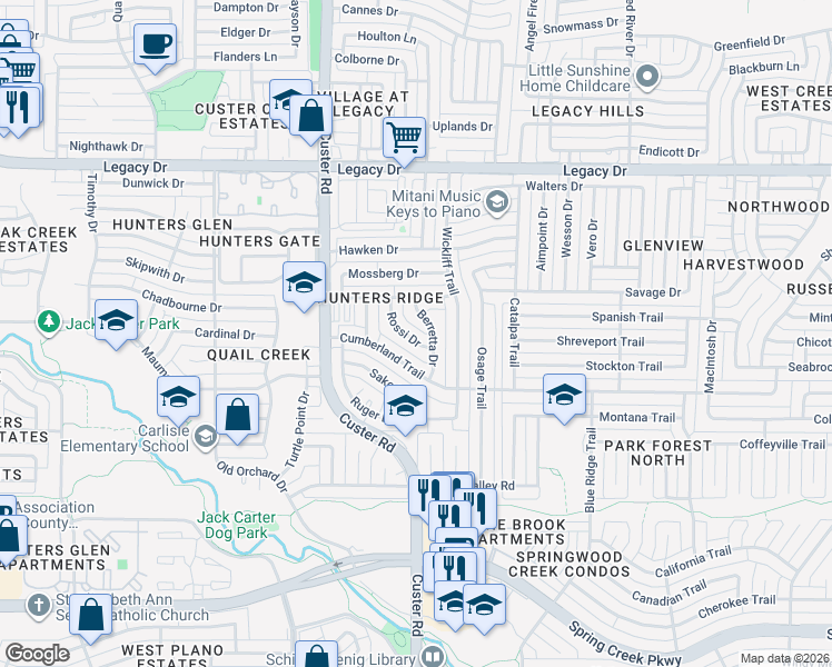 map of restaurants, bars, coffee shops, grocery stores, and more near 6630 Rossi Drive in Plano