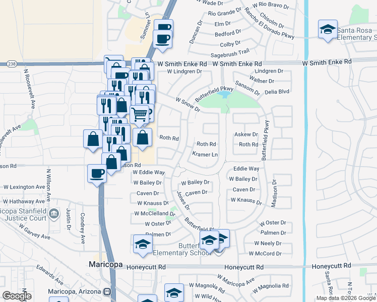 map of restaurants, bars, coffee shops, grocery stores, and more near 20486 Jones Drive in Maricopa