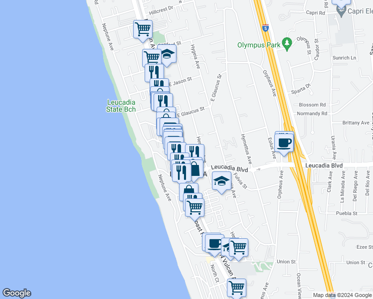 map of restaurants, bars, coffee shops, grocery stores, and more near 959 North Vulcan Avenue in Encinitas