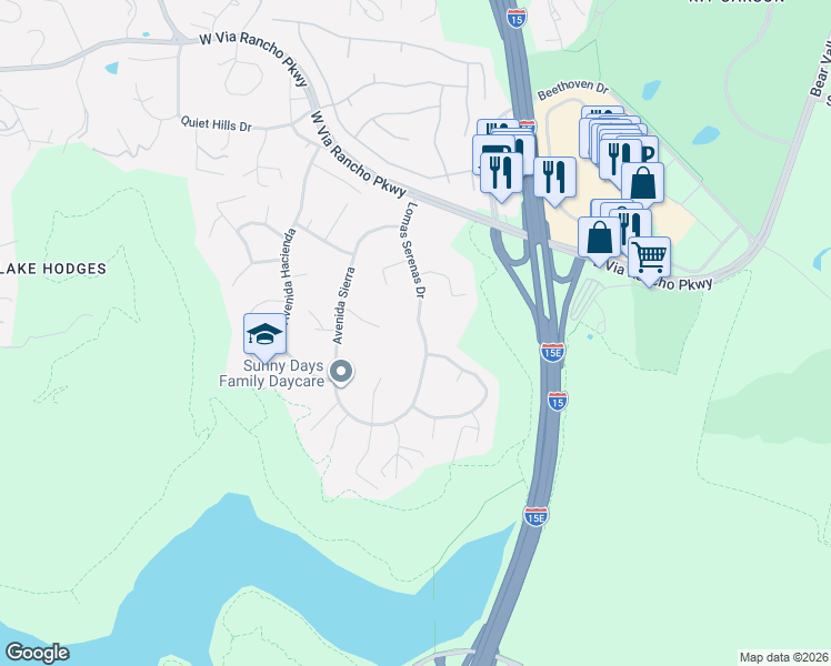 map of restaurants, bars, coffee shops, grocery stores, and more near 3429 Lomas Serenas Drive in Escondido