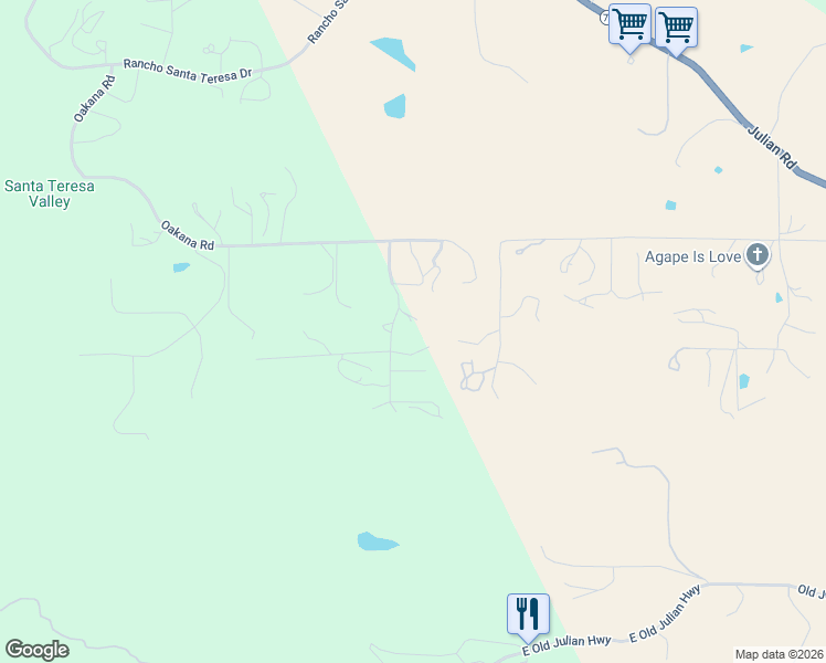 map of restaurants, bars, coffee shops, grocery stores, and more near 19577 Oak Mountain Road in Ramona