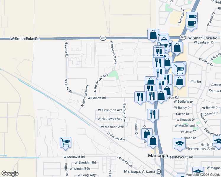 map of restaurants, bars, coffee shops, grocery stores, and more near 45306 Miramar Road in Maricopa