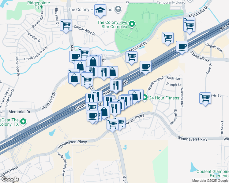 map of restaurants, bars, coffee shops, grocery stores, and more near 4800 Texas 121 in The Colony