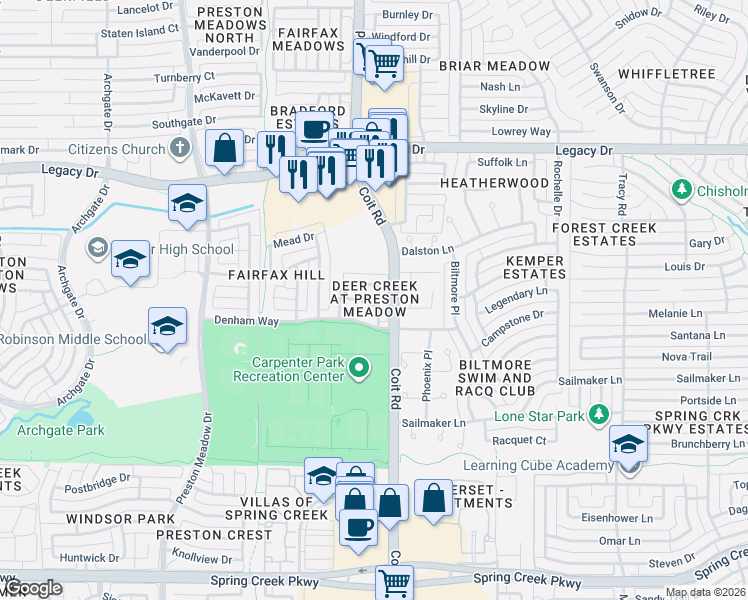 map of restaurants, bars, coffee shops, grocery stores, and more near 6736 Hillhaven Drive in Plano