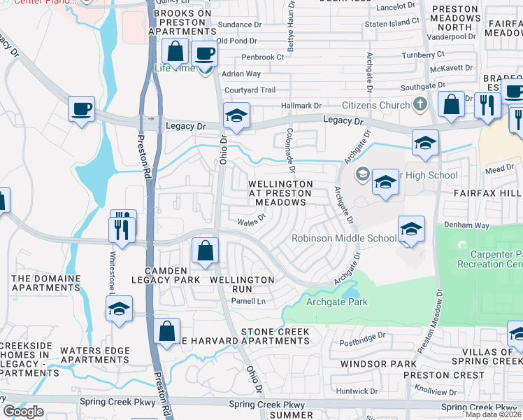 map of restaurants, bars, coffee shops, grocery stores, and more near 4632 Wales Drive in Plano