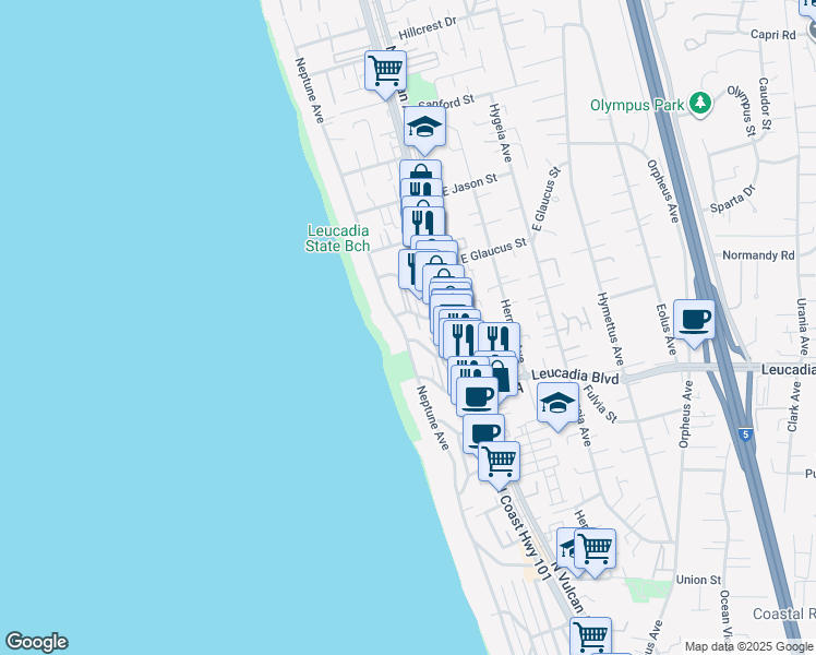 map of restaurants, bars, coffee shops, grocery stores, and more near 1011-13 Neptune Avenue in Encinitas