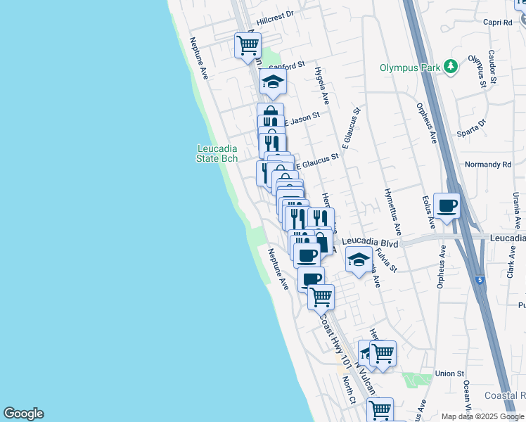 map of restaurants, bars, coffee shops, grocery stores, and more near 1011-13 Neptune Avenue in Encinitas