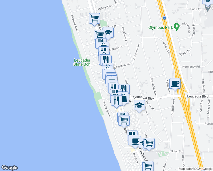 map of restaurants, bars, coffee shops, grocery stores, and more near 194 Jasper Street in Encinitas