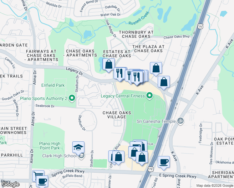 map of restaurants, bars, coffee shops, grocery stores, and more near 6676 Federal Hall Street in Plano