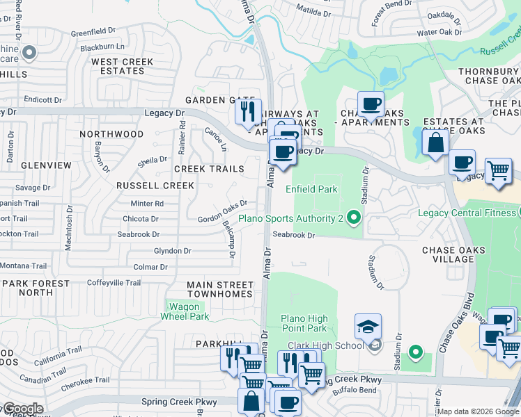 map of restaurants, bars, coffee shops, grocery stores, and more near 6700 Bellehaven Drive in Plano