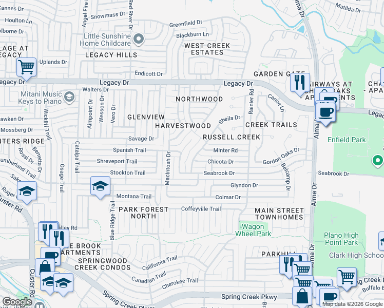 map of restaurants, bars, coffee shops, grocery stores, and more near 6633 Manitowoc Drive in Plano