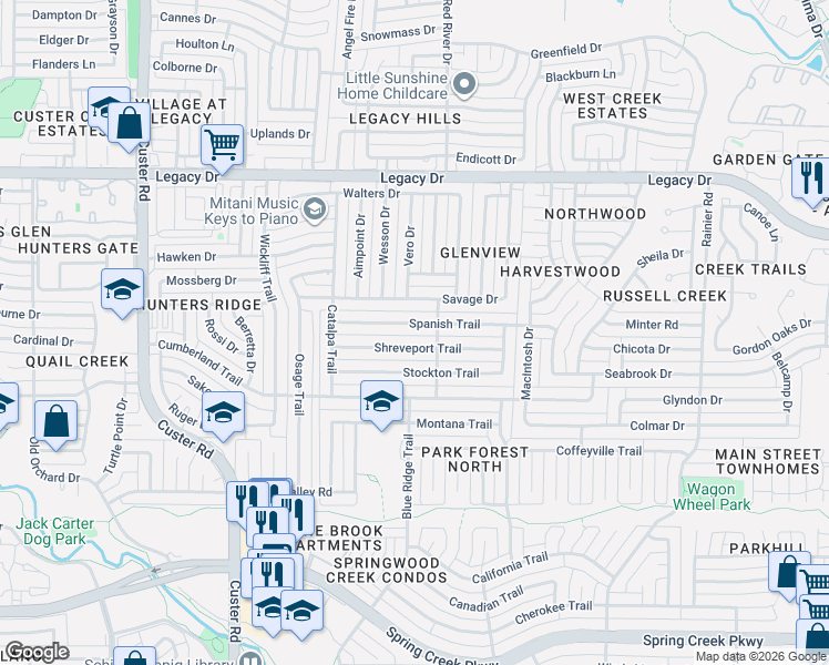 map of restaurants, bars, coffee shops, grocery stores, and more near 1709 Shreveport Trail in Plano