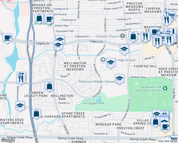 map of restaurants, bars, coffee shops, grocery stores, and more near 6825 Alcove Lane in Plano