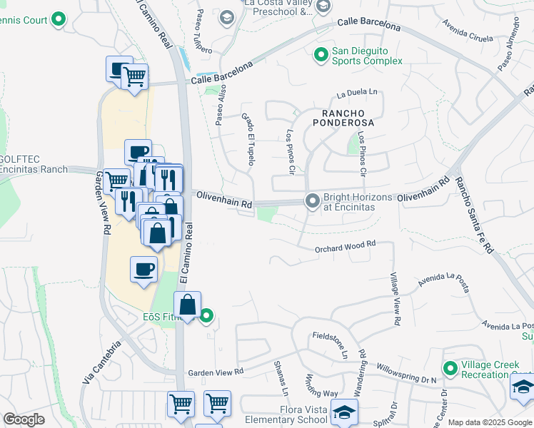 map of restaurants, bars, coffee shops, grocery stores, and more near 1602 Willowhaven Road in Encinitas