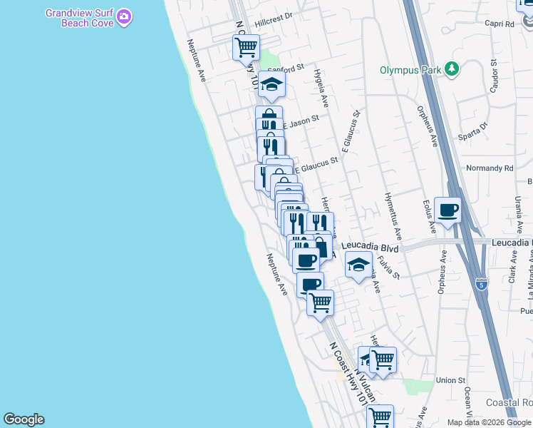 map of restaurants, bars, coffee shops, grocery stores, and more near 194 Jasper Street in Encinitas