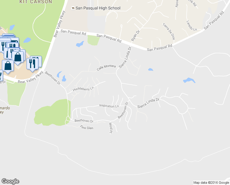 map of restaurants, bars, coffee shops, grocery stores, and more near 3817 Pinnacle Place in Escondido