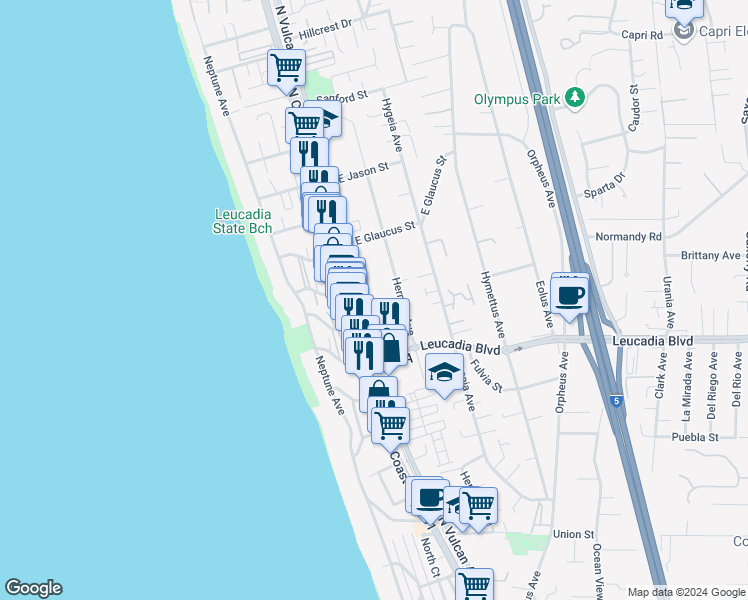 map of restaurants, bars, coffee shops, grocery stores, and more near 959 North Vulcan Avenue in Encinitas