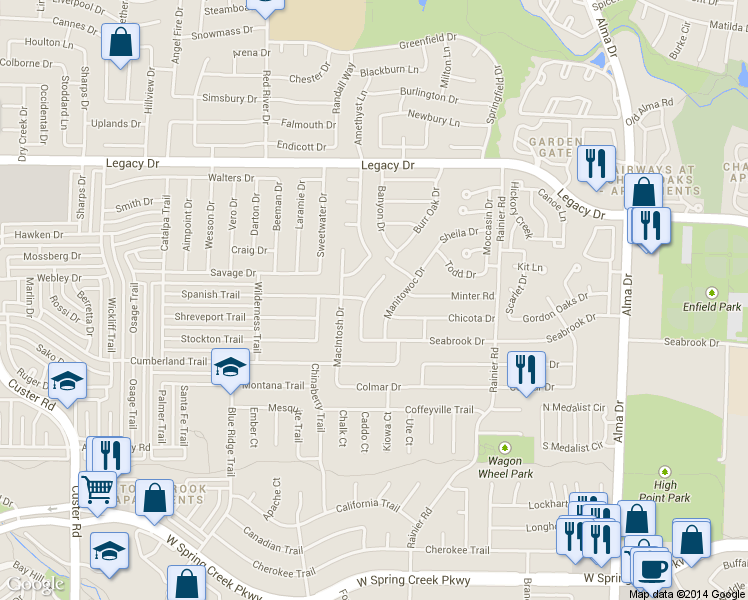 map of restaurants, bars, coffee shops, grocery stores, and more near 6633 Manitowoc Drive in Plano