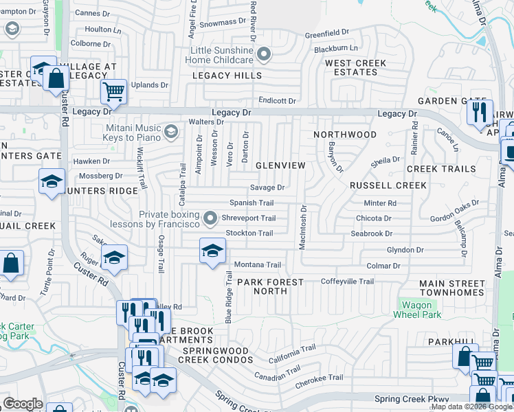 map of restaurants, bars, coffee shops, grocery stores, and more near 1629 Shreveport Trail in Plano