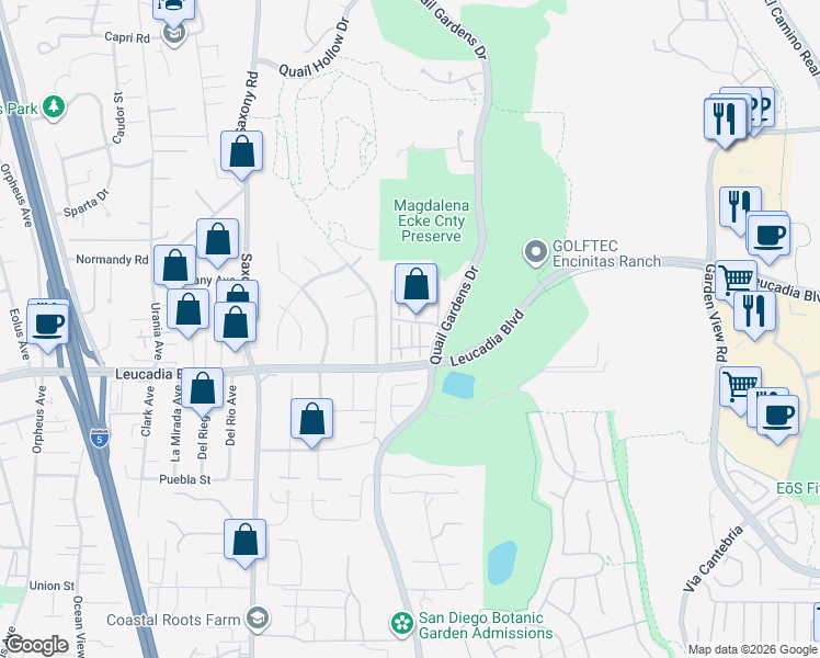 map of restaurants, bars, coffee shops, grocery stores, and more near 1110-1120 Quail Gardens Drive in Encinitas