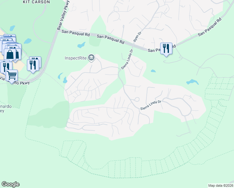 map of restaurants, bars, coffee shops, grocery stores, and more near 3817 Pinnacle Place in Escondido