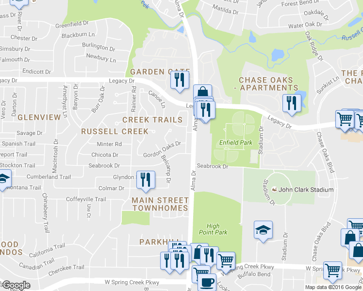 map of restaurants, bars, coffee shops, grocery stores, and more near 913 Seabrook Drive in Plano