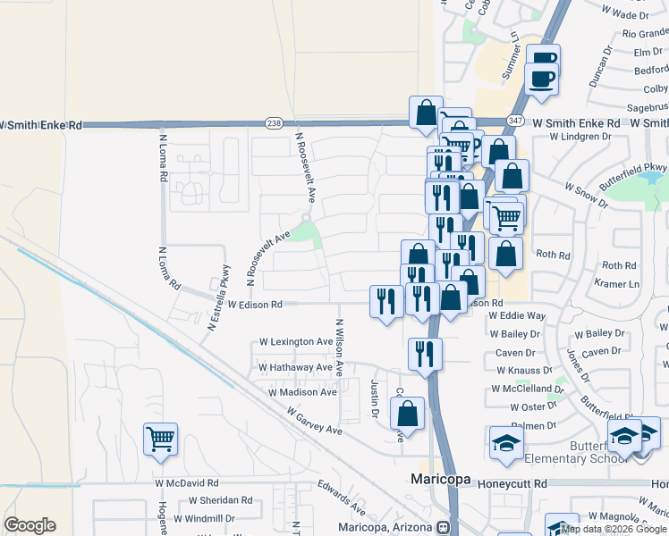 map of restaurants, bars, coffee shops, grocery stores, and more near 45194 Miramar Road in Maricopa