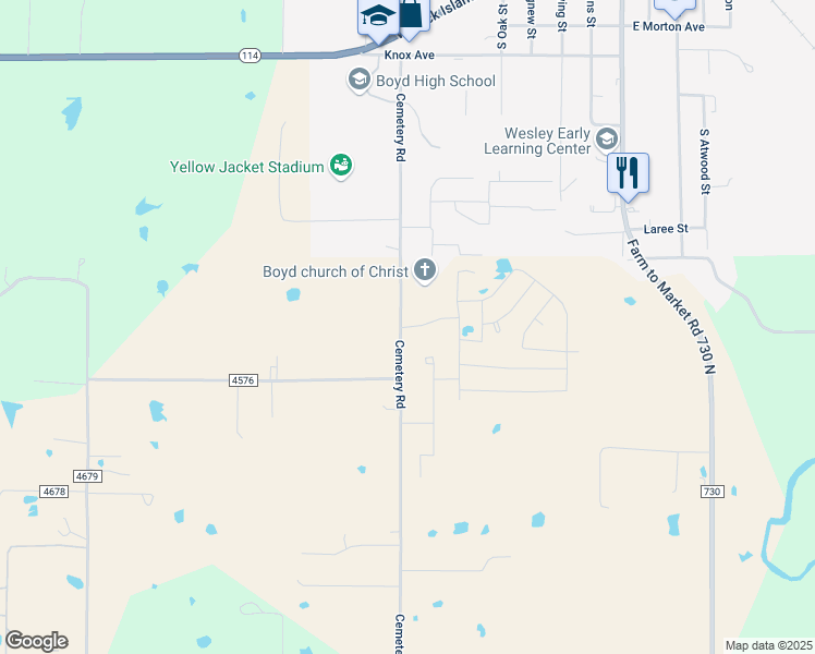map of restaurants, bars, coffee shops, grocery stores, and more near 429 Cemetery Road in Boyd