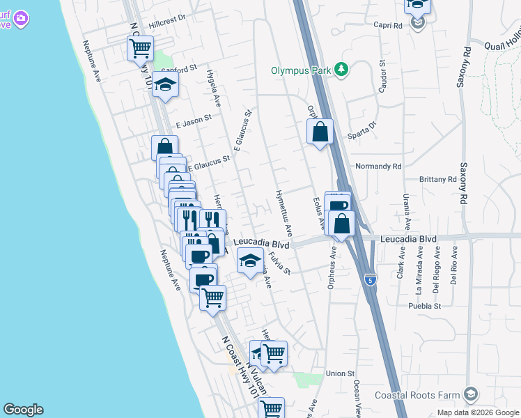 map of restaurants, bars, coffee shops, grocery stores, and more near 308 Leeann Lane in Encinitas