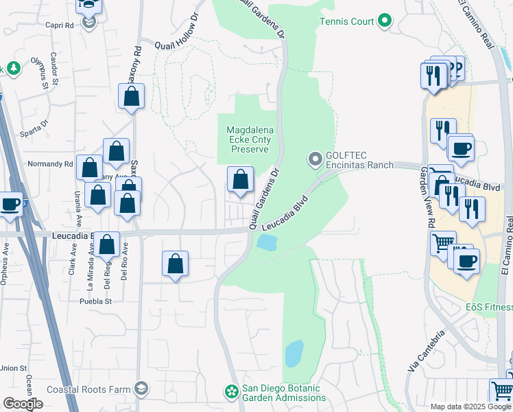 map of restaurants, bars, coffee shops, grocery stores, and more near 1136 Quail Gardens Drive in Encinitas