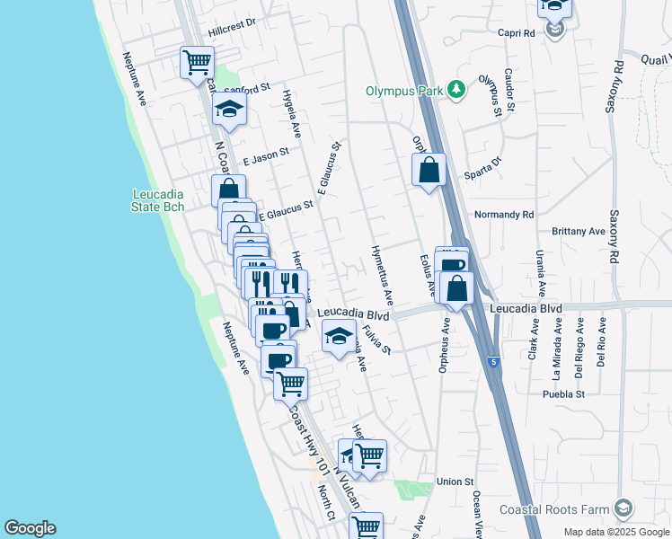 map of restaurants, bars, coffee shops, grocery stores, and more near 308 Leeann Lane in Encinitas