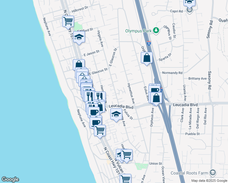 map of restaurants, bars, coffee shops, grocery stores, and more near 308 Leeann Lane in Encinitas