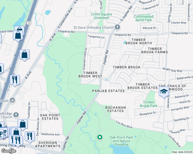 map of restaurants, bars, coffee shops, grocery stores, and more near 6700 Okaloosa Circle in Plano