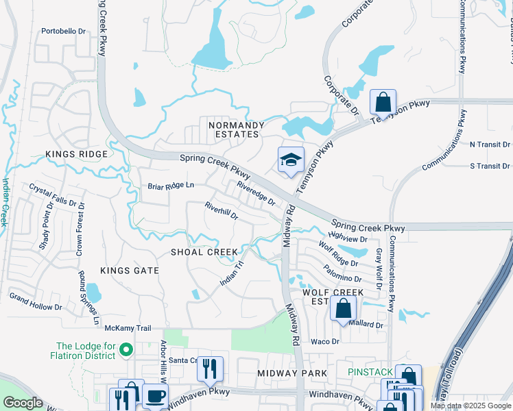 map of restaurants, bars, coffee shops, grocery stores, and more near 6501 Riverhill Drive in Plano