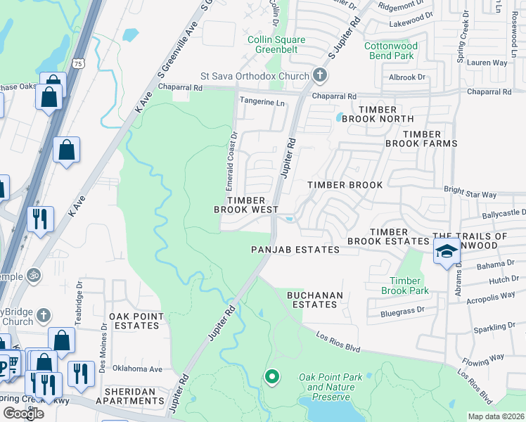 map of restaurants, bars, coffee shops, grocery stores, and more near 6700 Okaloosa Circle in Plano