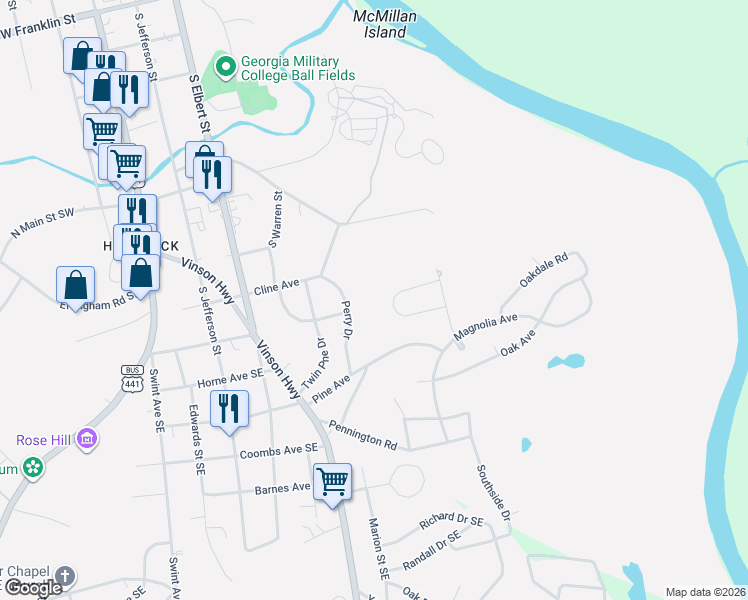 map of restaurants, bars, coffee shops, grocery stores, and more near 1236 Perry Drive in Milledgeville