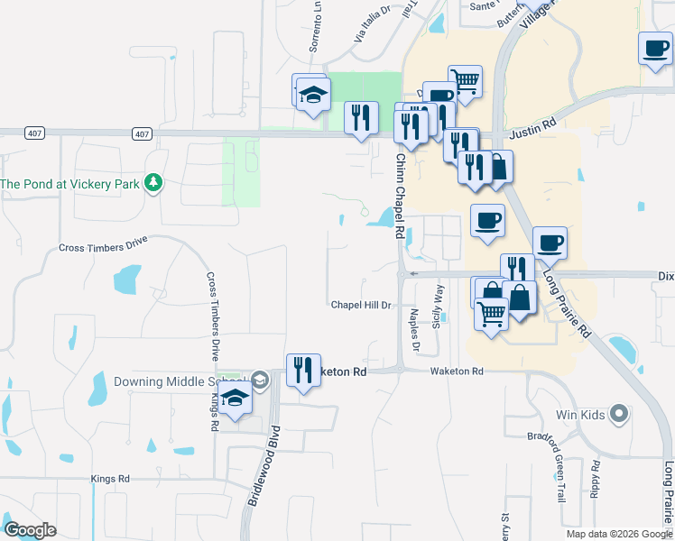 map of restaurants, bars, coffee shops, grocery stores, and more near 203 North Hill Court in Lewisville