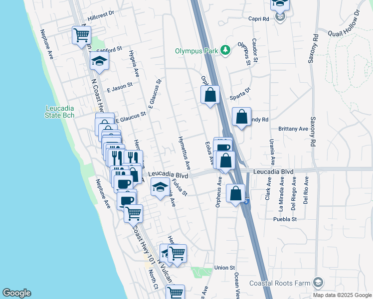 map of restaurants, bars, coffee shops, grocery stores, and more near 967 Hymettus Avenue in Encinitas