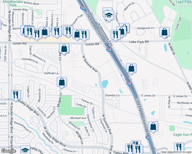 map of restaurants, bars, coffee shops, grocery stores, and more near 1600 North Summit Avenue in Lewisville